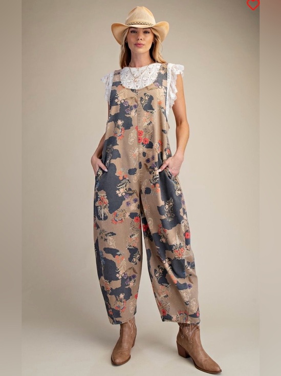 easel Denim - Easel Floral Beige Wide-Leg Overalls